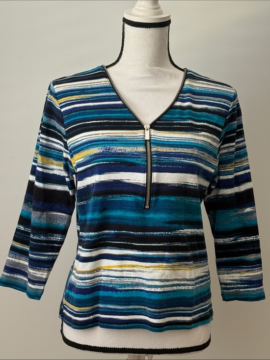 Rafaella Tops - Rafaella Striped Half-Zip V-Neck Top in Teal and Navy Stripe